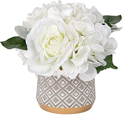 Hollyone Artificial Flowers in Pot, White Silk Roses Fake Hydrangeas Potted, Faux Flower Arrangements with Cement Pot for Home Decor, Wedding, Centerpiece, Living Room, Office, Bathroom Decorations