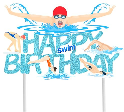 C L cooper life Swimming Happy Birthday Cake Topper Sport Swimming Birthday Cake Topper Swimming Party Decoration Swim Party Cake Pick for Summer Pool Theme Baby Shower Supplies
