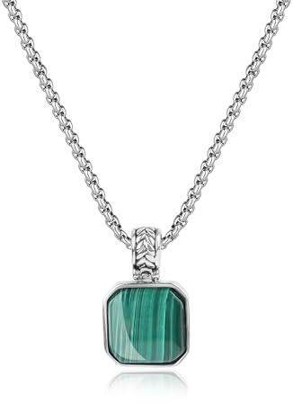COAI Collar Cadena para Hombre en Acero Inoxidable y Colgante Cuadrado de Piedras Semipreciosas Malaquita 60cm