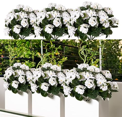 4 Packs Artificial Flowers for Outdoor 14'' White Geranium Silk Flowers UV Resistant Garden Plants Bush Faux Flowers for Home Wedding Kitchen Table Centerpieces Grave Cemetary Vase Indoor Decor