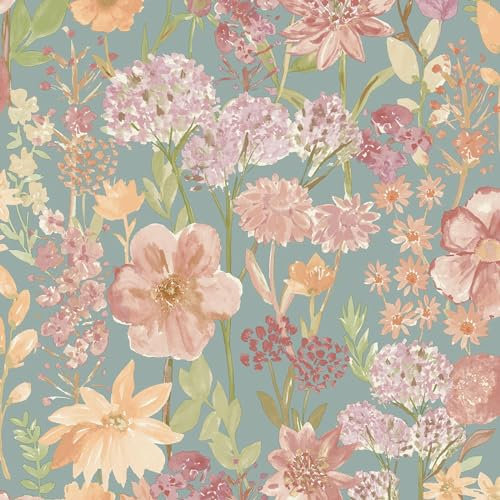 Grandeco Wildflowers Wallpaper – Natural Flower Themed Wallpaper – Modern Wallpaper for Living Room, Bedroom, Hallway – Smooth Matte Finish Wallpaper – Pink/Blue