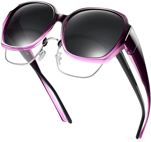 URUMQI Überzieh Sonnenbrille für Brillenträger Damen, Polarisierte Überbrille Sonnenbrille über Normale Brille, Quadratisch Sonnenbrillen Fit over Sunglasses mit UV400 Schutz für Frauen Lila Rahmen