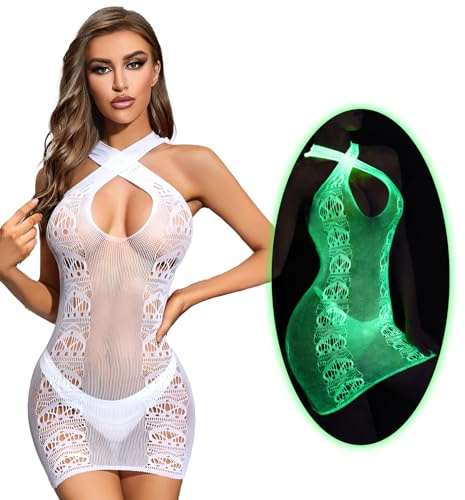 DTWAWA Glow in the Dark Sexy White Fishnet Stockings, Stylish Bodysuit Leggings for Womens Party