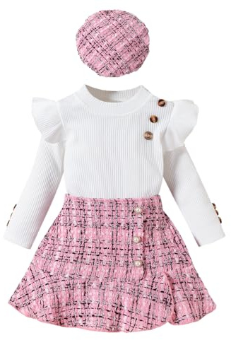 UUAISSO Kleinkind Baby Mädchen Kleidung Langarm Gerippte Oberteile Plaid Tweed Muster Rock Baskenmütze Herbst Knopf Outfits Sets Rosa 18-24 Monate