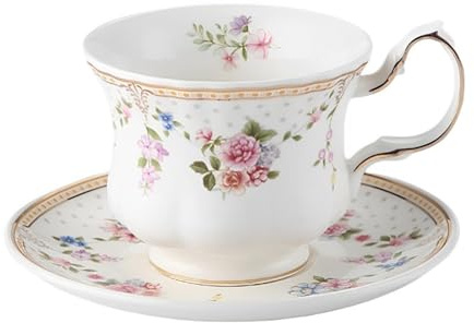 VMAPJIZA Juego de Taza de Té y Café de Cerámica Vintage con Platillo - Diseño Rosa con Ribete de Hojas Doradas
