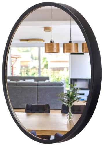 Wandspiegel mit Holz (∅57 cm) - Spiegel Schwarz - Runder Bad Spiegel LEJA | Massivholz, Einfache Montage, EU-Produktion, 4 mm Spiegelglas, Sicherer Metallhaken, Pflegeleicht