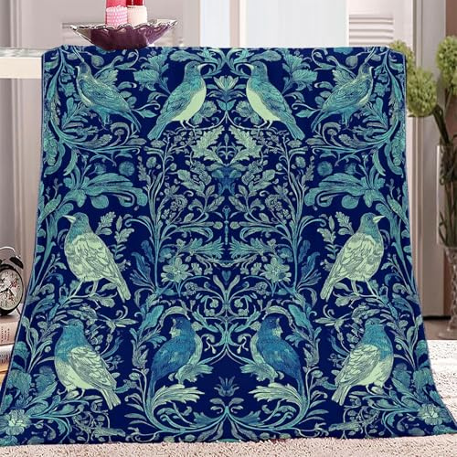 Throw Blankets Single Size, Soft Lightweight Cozy Flannel Fleece Blanket with Fantasy Flowers, Birds Pattern for Kids Girls Women Gifts, Fuzzy Dark Blue, Green for Couch Bed Sofa 127 x 152 cm