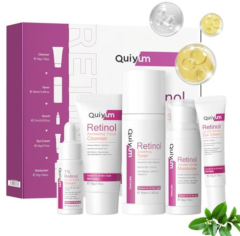 QUIYUM Set Cura Viso Anti-Età al Retinolo 5 Pezzi con Detergente Tonico Siero Crema Contorno Occhi e Crema Idratante per Donna