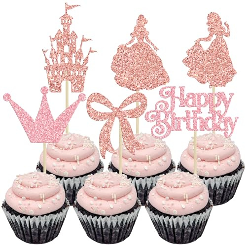 Gyufise 24Pcs Princess Cupcake Toppers Glitter Castle Bowknot Happy Birthday Cake Topper Decorations for Princess Happy Birthday Baby Shower New Year Party Supplies Rose Gold