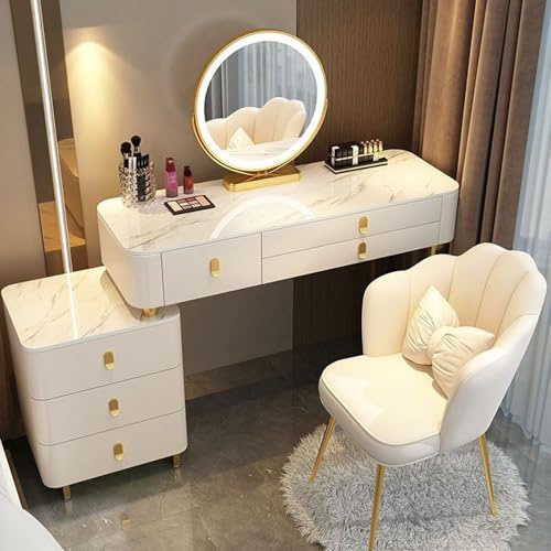 Meedlopia Toeletta Trucco Con Luci LED, Tavolo Per Trucco Set Con Specchio E Sgabello, 3 Colori Luce Touch Regolabile, Tavolo Da Trucco Scrivania Di Medicazione per Madre, Figlia, Moglie