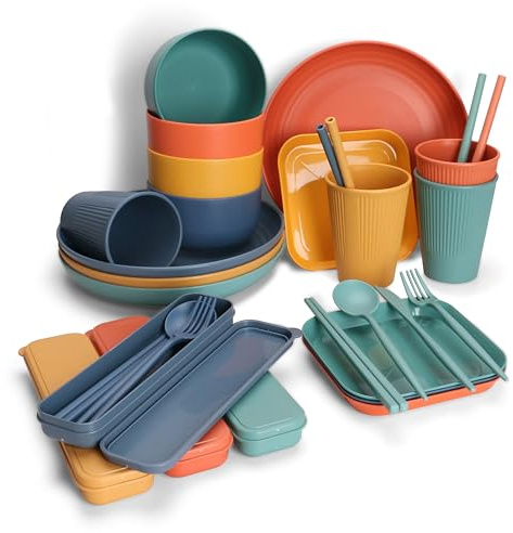 EazyBreezy 40 Pcs Unbreakable Dinnerware Set Plastic Tableware Sets Lightweight Camping Serving Plate and Bowl for 4 People - Colorful Plates, Bowls, Cups, Straws, Cutlery Set for Picnic Party BBQ