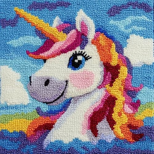 AxiangziK Cartoon-Stil Kissenbezug Knüpfset,Tier Regenbogen Pferd,Knüpfkissen Set,DIY Knüpfteppich Knüpfpackung,Latch Hook Kits für Kinder und Erwachsene,17x17in