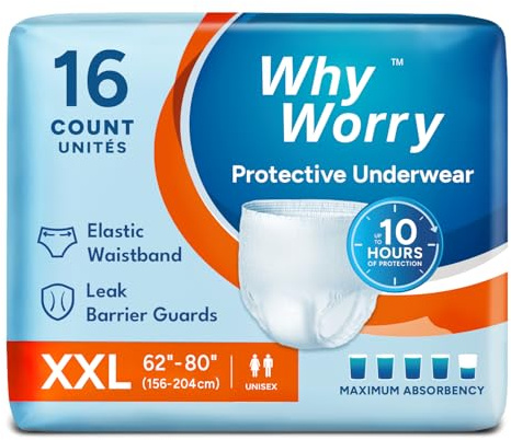 WhyWorry Pañales para Adultos con Incontinencia, Bragas Absorbentes Desechables para Hombres y Mujeres, Ropa Interior con Máxima Absorción para Ancianos, Antiolor, Unisex, Talla XXL, 16 Unidades