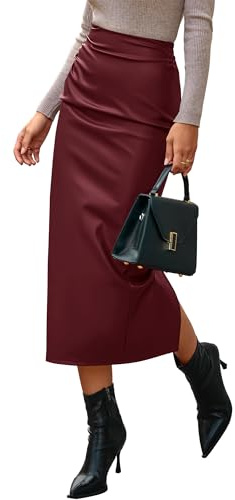 BTFBM Skirts for Women Trendy Spring 2026 Elastic Waist Ruched Bodycon Slit Pencil Midi Leather Skirt Bussiness Casual(Burgundy, Small)