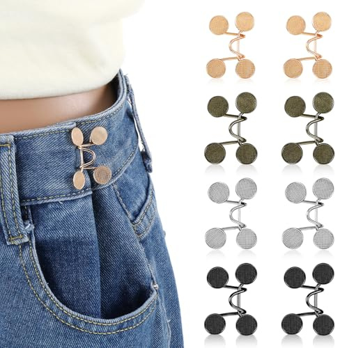 Ouligay 8 Sets Verstellbare Nagelfreie Taillenschnallen, Hosen Enger Machen Clip Verstellbare Hosen Verkleinern Clip Jean Knopfnadeln Hosenknopf zum Enger Machen, Abnehmbarer Jeansknopf Hosenclips