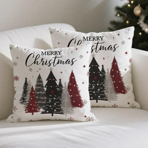 ViaElayu Fundas Cojines Navidad Funda Cojin 40x40 Patrón de Copo de Nieve de árbol de Navidad con Rojo Negro Gris Cojín Navideño Decorativos para Sofa para Sala de Estar Jardín Coche Juego de 2