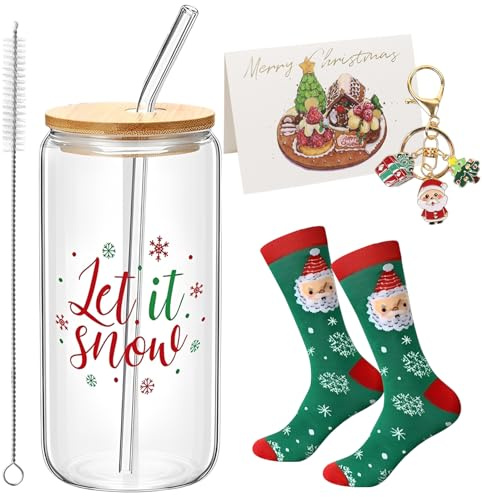Weihnachtsgläser, Weihnachtstasse, 500ml Trinkbecher mit Deckel und Strohhalm, Weihnachtsglas Geschenke Set, Weihnachten Gläser, Glas Tasse Weihnachtstassen Party Geburtstag Dekoration Geschenke (B)