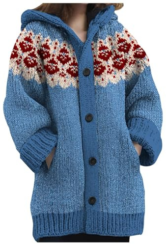 Duohropke Norwegian Cardigan Women's Winter Chunky Knit Cardigan with Hood Alpaca Colourful Long Knitted Jumper Hooded Jacket Buttons Jacquard Sweatshirt Warm Chunky Knit Jumper Quilted Jacket, blue