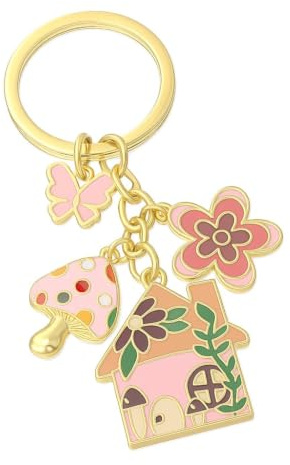 Porte-Clés Maison, Portes-Clef Conte de Fées de Sac Pour Femmes | Cadeaux de porte-clé Nature avec un Design Champignon, Papillon et Fleur pour Filles Adolescentes et Femmes – Rose