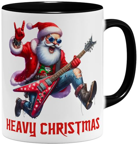 OM3® Heavy Christmas Kaffee-Tasse Lustige Weihnachtstasse für Rocker & Heavy Metal Fans - Santa und E-Gitarre - Keramik Becher - 325ml - Beidseitig Bedruckt - Schwarz