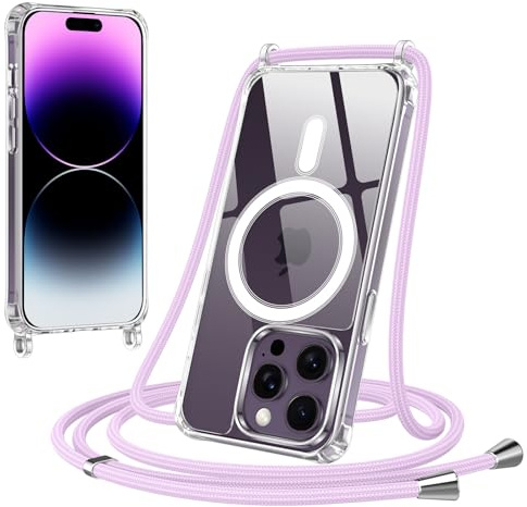 Jrkvniv Magnetica Trasparente Cover per iPhone 14 Pro Max con Cordino, Compatibile con Magsafe, Ultra Sottile Silicone TPU Antiurto Custodia con Collana Laccio rimovibile per iPhone 14 Pro Max, Viola