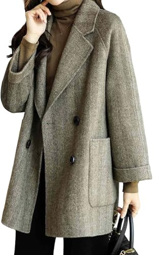 Dam Vinter Business Casual Medellång Ytterkläder Ullblandning Fiskbensmönstrad Ärtkavaj Dubbelknäppt Elegant Kavaj Brun Mellan