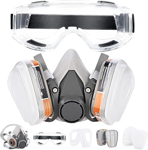 upkpvid Reusable Respirator Mask with Half Face Filters & Safety Goggles, Dust Gas Proof Face Cover for Painting Sanding Polishing Spraying and Formaldehyde Work Protection