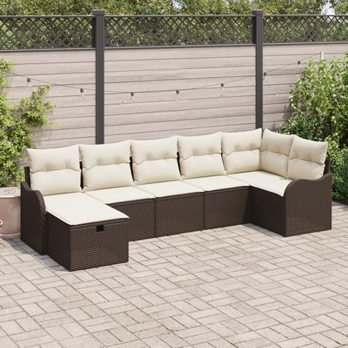 IBUQDDV 7-teiliges Garten Sofa Set mit Kissen in Braun und Weiß, Modulares Rattan Sofa Set für Balkon und Terrasse, Wetterfestes Outdoor Möbel mit bequemen Sitzkissen, Einfache