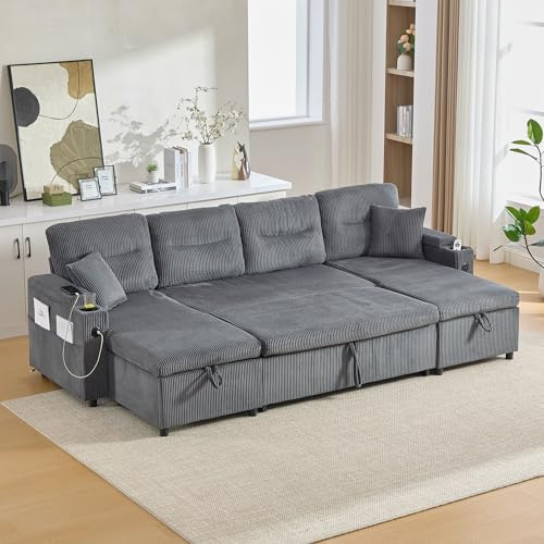 Luscriate 4-Sitzer Schlafsofa mit Bettfunktion, Doppel-Chaiselongue & Stauraum – Samt Ecksofa mit USB & Type-C, Getränkehaltern, ausziehbarer Liegefläche, Wohnlandschaft für Wohnzimmer, Grau