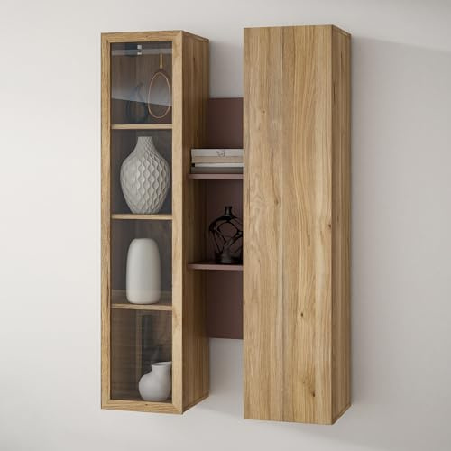 Forte BREATHTAKER Hängevitrine 80 90, moderner Skandi-Stil, 2-türig, beleuchtet, offene Ablage, Wandmontage, Terrakotta/Mauvella Eiche Holzdekor, 84,2 cm breit x 134,6 cm hoch x 33,9 cm tief