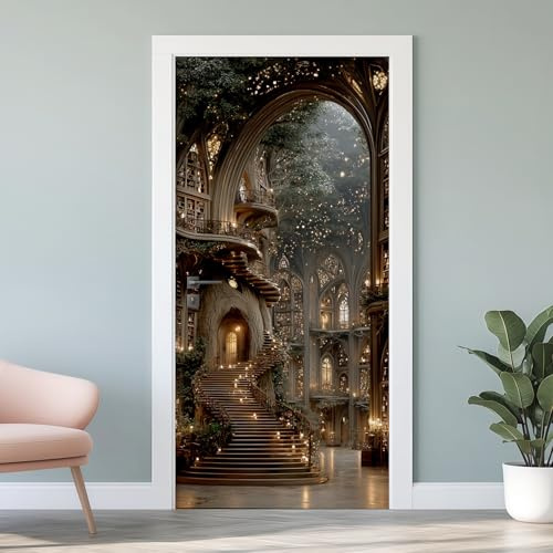 Bibliothek 3D Türfolie Türtapete, Fantasy Bücherregal Türaufkleber Selbstklebend, PVC Türposter Wandsticker Türklebefolie Abnehmbare für Innentür Verschönern Deko, 90 x 200cm F8f237