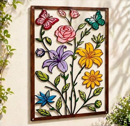 BGJJGT Metal Wall Art Floral Butterfly Modern Hollow Out Sculpture Decor | Rustproof wrought iron, includes mounting screws, 38x24cm, ideal for garden fence and indoor room