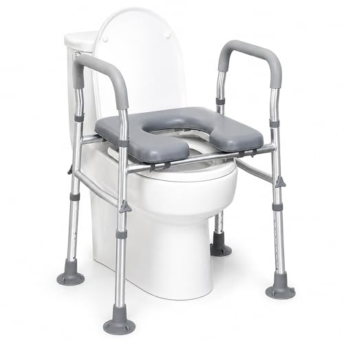 Rialzo WC per Anziani, Sedile del Water Rialzato con Braccioli e Seduta Imbottita Regolabile in Altezza 66-74 cm Comoda WC Alzata Water per Anziani, Disabili, Incinte (Aluminio - seduta impermeabile)