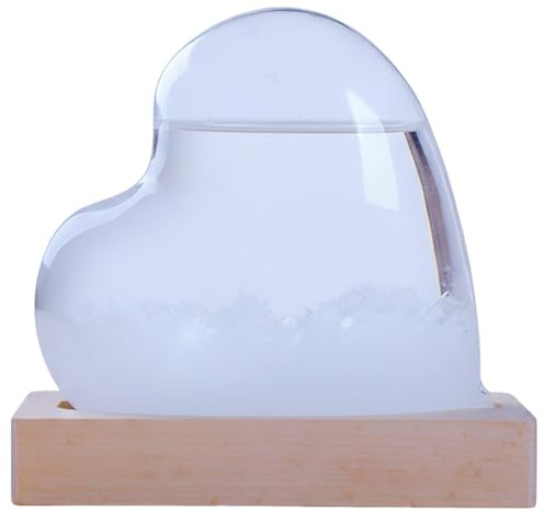 Heart Storm Glass Weather Predictor, Barometer Bottle with Wood Base Decoration, Crystal Clear Glass, Home Desk Shelf Decor, 5.1 x 2 x 3.9 in / 13 x 5 x 10 cm