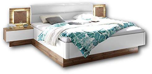 Stella Trading Capri Stilvolle Doppelbett Bettanlage mit LED-Beleuchtung 180 x 200 cm - Schlafzimmer Komplett-Set in Wildeiche-Optik, Weiß - 305 x 96 x 205 cm (B/H/T)