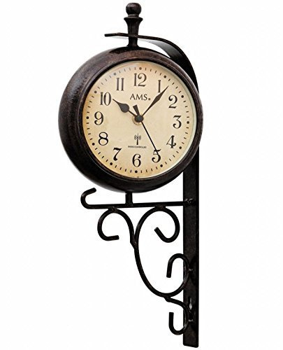 AMS 5961 Deko Wanduhr Funk Uhr RETRO Look Vintage Antik zweiseitig Metallgehäuse Anzeige der Temperatur/Uhrzeit by AMS