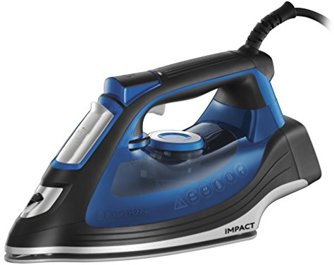 Russell Hobbs Plancha de Ropa Impact Iron - 2400 W, Suela de Cerámica, Planchado Seco, Golpe Vapor 160g, Antical, Antigoteo, Función Autolimpieza, Resistente a Caídas, Negro y Azul - 24650-56