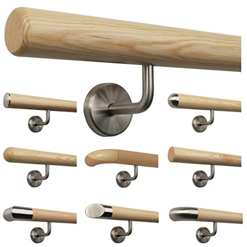 TIBU Kiefer Handlauf Treppen Geländer Handläufer 30-500 cm aus einem Stück mit Edelstahl Halter, Länge 60 cm mit 2 Halter und Ende Radius gefräst
