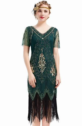 BABEYOND Damen 1920s Art-Deco Flapper Kleid mit V-Ausschnitt und Knie-Länge in Schwarz für Frauen, Vintage-Enthusiasten und Partygänger