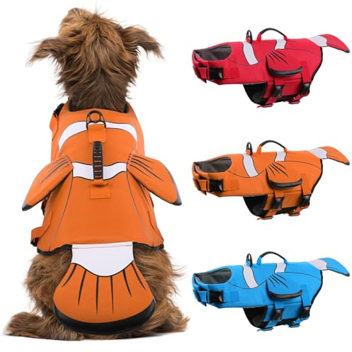 DENTRUN Dog Life Jacket for Large Dogs, Ripstop Adjustable Swim Vest with Rescue Handle, High Visibility Safety Flotation Jacket for Swimming, Boating, Beach, Pool, and Water Activities