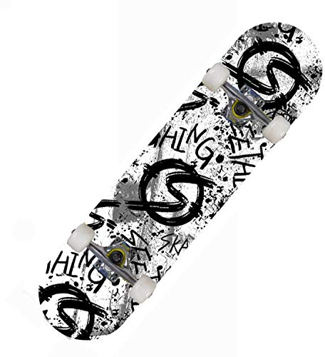 Skateboard Schwarz-Weiß-Graffiti Skateboard Kinder ab 8 Jahre 80x20cm 7-Lagigem Ahornholz Longboard Double Kick Komplett für Anfänger Jungen Mädchen Erwachsene Profi Penny Board