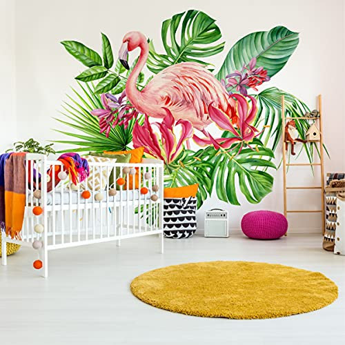 Muralo Fotomural autoadhesivo 135 x 90 cm, diseño de flamencos y plantas juveniles, moderno papel pintado para habitación de los niños, tamaño XXL, 135 x 90 cm