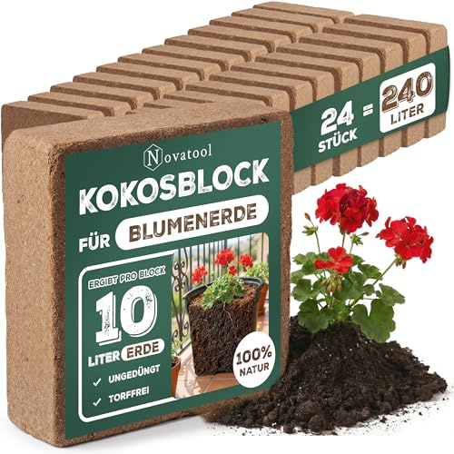 24x Novatool Kokosziegel Humusziegel Kokoserde Blumenerde Zimmerpflanzen |192 Liter | 650g 20x5,5x10cm Gartenerde Kokosziegel fein Quelltabletten Kokos Steu und Substrate Kokosblumenerde Pflanzenerde