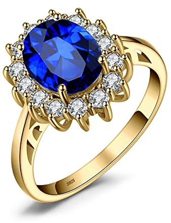 JewelryPalace Princess Diana Kate Middleton Gemstone Birthstone Blue Sapphire Halo Statement Engagement Rings for Women, 14K Yellow Gold Plated 925 Sterling Silver Promise Rings for Her Size 9.5