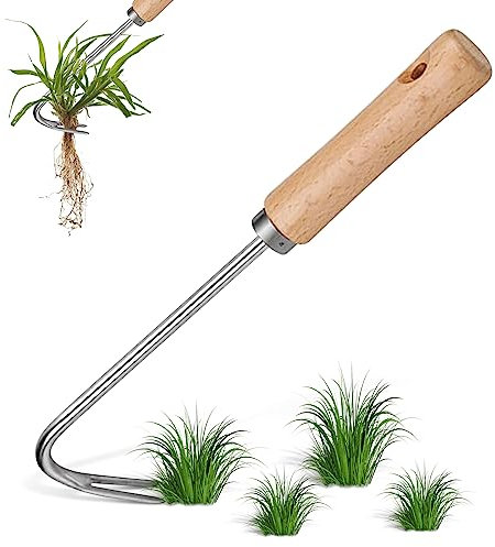JIASHA Diserbatrice Manuale in Acciaio, Estirpatore di Erbacce in Acciaio Inox Diserbatrice Manico in Legno Massello Sarchiatrice Manuale Diserbatore Manuale Garden, per Scavare, Estirpare