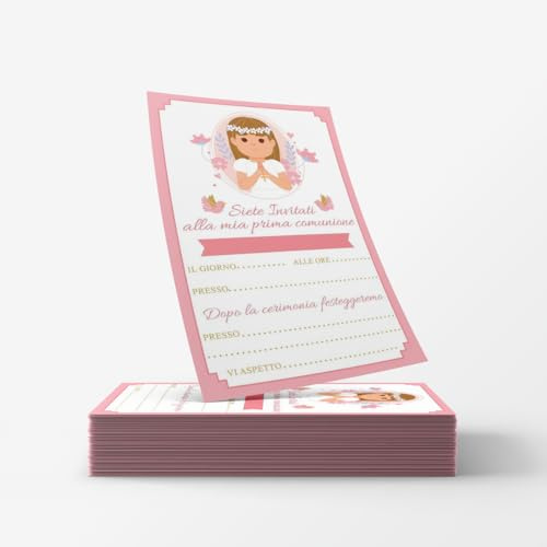 20 Einladungskarten zur Erstkommunion, Junge/Mädchen, Grafik nach Wahl, personalisierbar mit Namen, Datum und Ort (Mädchen Cappelli Braun)