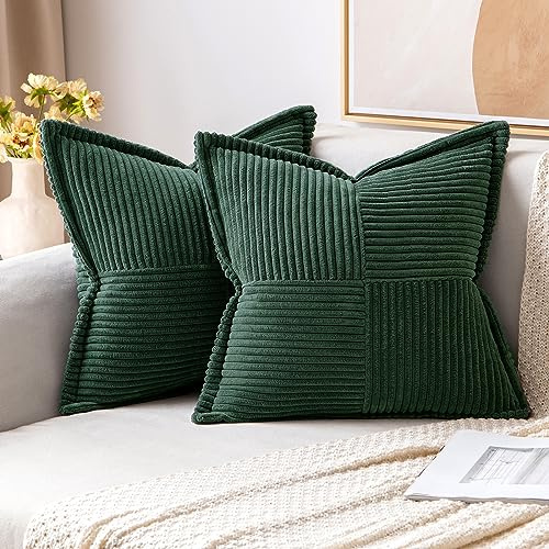 MIULEE 2er Set Kissenbezug 50×50cm Kordsamt Biese Patchwork Dunkelgrün | Mit Biese und Patchwork Design formstabil farbtreu mit Reißverschluss dekorativ für Sofa Bett Gästezimmer Büro und Terrasse