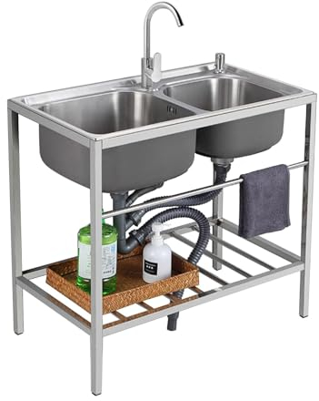 Spültisch Edelstahl 2 Becken mit Ablagefächern und Wasserhahn, Freistehende Küchenspüle, Komplettspüle Multifunktions waschtisch für Außenbereich, Garage, Waschküche