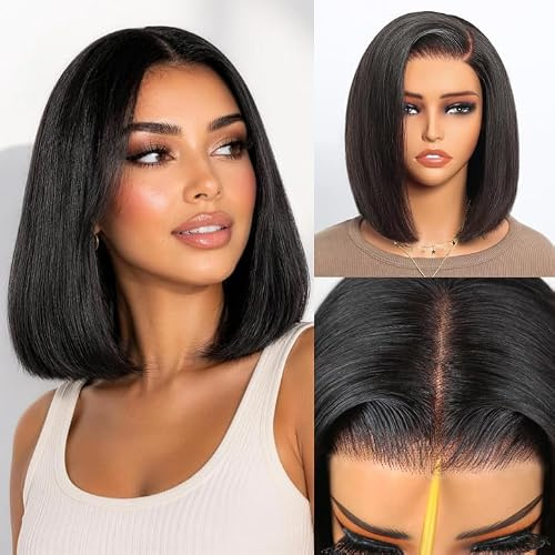 MEGALOOK Perücke Damen Echthaar 5x6 Pre Cut Lace Front Bob Wig 10 Inch | Wear And Go Glueless, Upgraded Bleached Invisible Knots, Pre Plucked , Wigs For Black Woman, Brazilian Virgin Human Hair