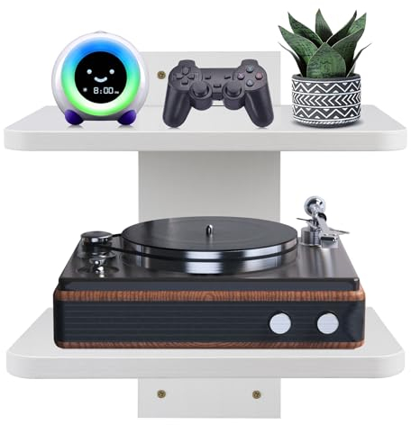 BiJun Floating TV Shelves for Wall, Floating TV Unit Under Projector Speaker Shelf Wall Mount Entertainment Media Stand Router DVD Holder, for PS4/Cable Box/DVD Players/Game Console (White 2Shelf)